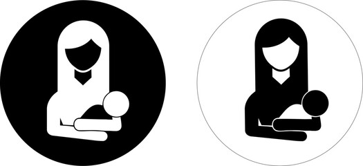 Black and white Mother's Day icons. Pregnancy and childbirth icon. Mom holds the baby in her arms. - obrazy, fototapety, plakaty