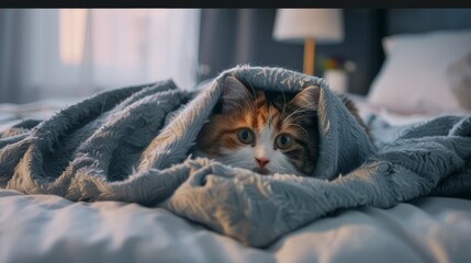 Funny tricolor cat under a gray blanket in a modern bedroom. In cold weather, the pet warms up under a blanket. Pet friendly and grooming concept.