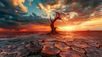 Global warming concept. dead tree under hot sunset, drought cracked desert landscape - obrazy, fototapety, plakaty