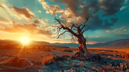 Global warming concept. dead tree under hot sunset, drought cracked desert landscape - obrazy, fototapety, plakaty