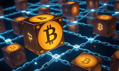 Shining golden Bitcoin cubes connected by blue glowing chains on a dark backdrop, illustrating the security and wealth associated with cryptocurrencies. The image creatively interprets the blockchain - obrazy, fototapety, plakaty