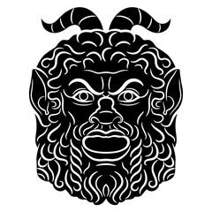 Ancient Roman mask of satyr or god Pan. Face of a bearded horned man. Antique mythology. Black and white silhouette.