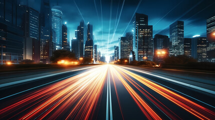 Vibrant long exposure night shot of busy traffic and skyscrapers in modern city city center