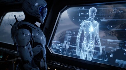 Cosmonaut examines holographic anatomy projection - obrazy, fototapety, plakaty