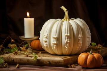 Aromatic Pumpkin white candle. Candle decor. Generate Ai