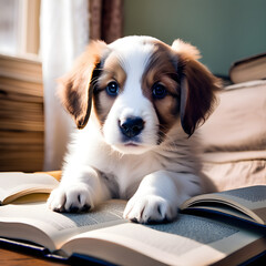 Puppy reading a book. A playful puppy clumsily attempting to "read" a book by pawing at the pages. Generative AI.