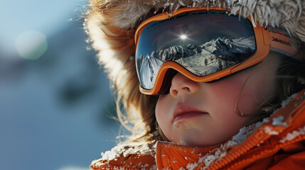 Kid wearing ski googles with mountains reflection on it - obrazy, fototapety, plakaty
