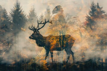 A majestic stag merged with the mystical aura of a foggy woodland in a double exposure 