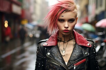 Rebellious Punk girl street. Fashion model style. Generate Ai