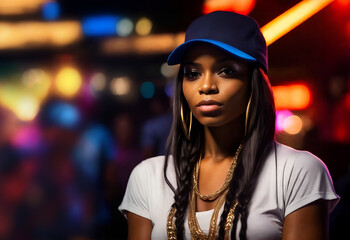 Female rapper in a baseball cap. Portrait of a hip hop lady artist. Copy space - obrazy, fototapety, plakaty