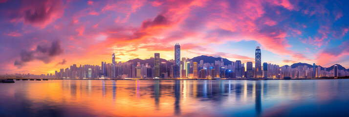 Vibrant Twilight Sky Over Bustling Hong Kong Harbour: A Showcase of Architectural Magnificence and Commerce