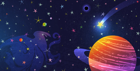 Outer space background with shiny stars, planets and a black hole. Cute graphic wallpaper for children, abstract cosmos and astronomy pattern. Vector illustration for kids. © Popmarleo