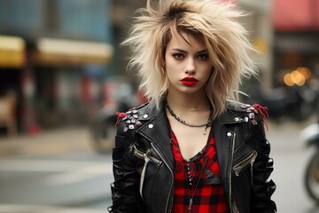 Rebellious Punk rock woman. Female hair luxury. Generate AI