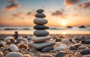 Fototapeta na wymiar Balancing Act Zen Stones Stacked on Pebble Beach, Zen stones with sunset background