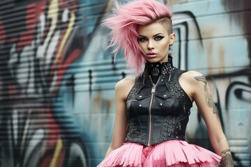 Rebellious Punk woman pink dress. Summer nature. Generate Ai