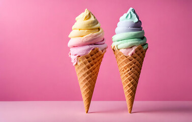 Two ice cream cones with different colors are next to each other, A colorful ice creams cone with pink, green and blue swirls on top