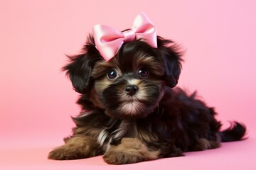 Adorable Puppy pink bow background. Pretty cute. Generate Ai