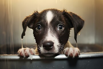 Sudsy Puppy dog foam bath. Home water. Generate Ai