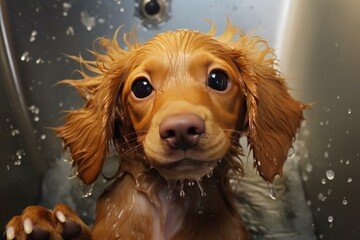 Fragrant Puppy dog foam shampoo bath. Animal pet. Generate Ai