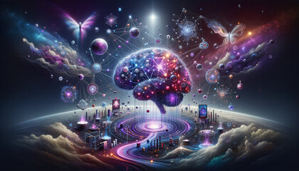 Naklejka premium Futuristic CRM Network with Abstract Elements and Surreal Colors.