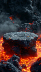 a rock podium for presenting products, molten lava background mountain erupts themed