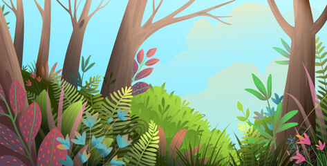 Forest background illustration for kids fairytale, cartoon magical woods. Nature with trees leaves and flowers, fantasy forest scenery for children. Vector illustration in watercolor style. - obrazy, fototapety, plakaty