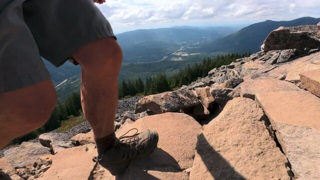 Hiking Boots Low Angle POV on Rocky Mountain Ridge Trail