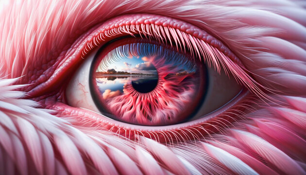Vivid flamingo eye reflecting a serene landscape, illustrating nature's beauty and complexity.