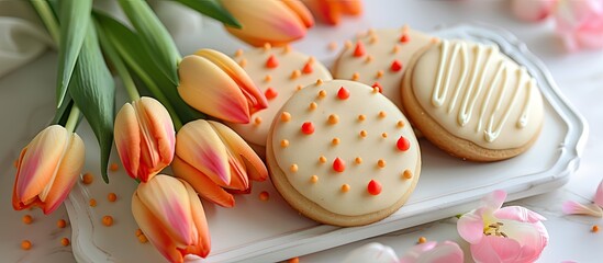 A plate filled with Easter-themed decorated cookies sits next to vibrant tulip flowers on a wooden table. The cookies are intricately designed with pastel colors, while the tulips add a pop of natural