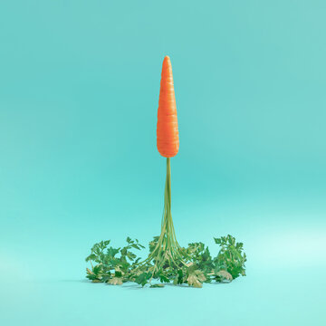 Pop Art composition made from Carrot which launches like a rocket on sky blue background. Easter minimal concept.Trendy collage, creative art minimal aesthetic
