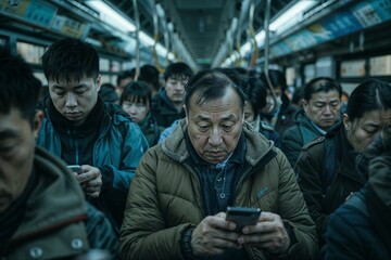 Crowd of people addicted to their phones on the subway - obrazy, fototapety, plakaty
