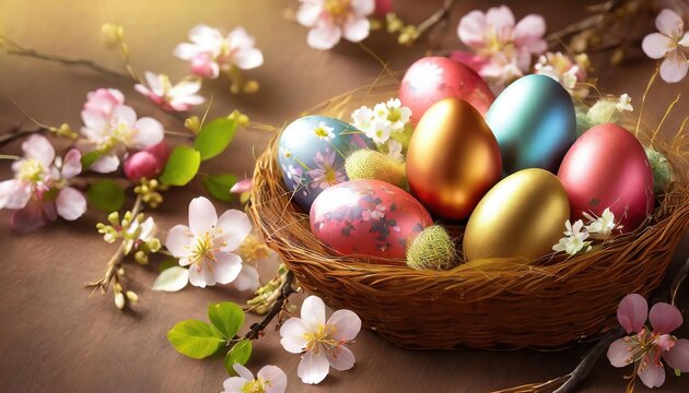 Colorful Easter Eggs in a Basket with Spring Blossoms