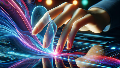 Human hand resting on futuristic holographic computer interface with colorful psychic energy.