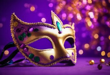 Carnival mask on a violet background suitable for design with copy space Mardi Gras celebration