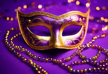 Carnival mask on a violet background suitable for design with copy space Mardi Gras celebration