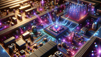 Fototapeta premium Vibrant and Dynamic Nanoelectronics Circuit Board in Macro View