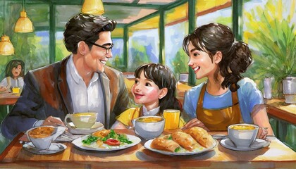 A family having brunch in a bright, family-friendly cafe. concept of father and daughter