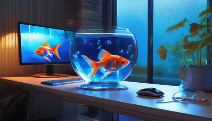 Fotobehang A photograph of a serene goldfish in a small aquarium, placed on a sleek glass desk. © Nandu Katangaza