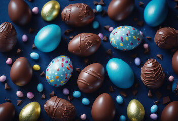 Fragrant and delicious chocolate Easter eggs bunny and sweets on a dark blue background flat lay and