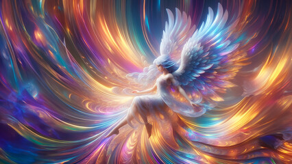 Obraz premium an angel with wings flying in air, background is vivid colorful fractal swirl fantasy illustration art, Wall Art for home decor, Wallpaper for Mobile Cell Phone, Smartphone, Computer, Cellphone