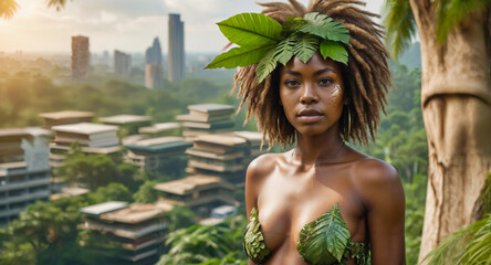 AI generated portrait with an African tribal woman wearing leaves for clothes in a sustainable environment 