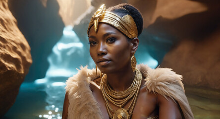 AI generated portrait of an African queen with golden jewelries in a natural environment. 
