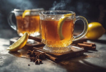 Hot toddy hot whiskey with lemon honey and spices Against the background of glare