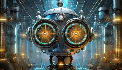 a robot with same clock eyes and vintage clock parts; science fiction art; futuristic feel