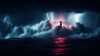 lighthouse in dark night, huge waves hit the beacon, Background is lightning over the stormy sea, Wall Art for Home Decor, Wallpaper for Mobile Cell Phone, Smartphone, Cellphone, Computer, Tablet - obrazy, fototapety, plakaty