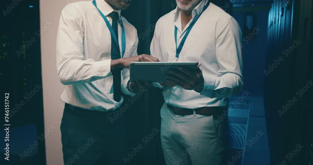 Poster People in server room with tablet, planning for engineering and network maintenance for update. Tech support, men in system administration and digital app for technician with manager in data center.