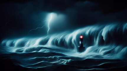 lighthouse in dark night, huge waves hit the beacon, Background is lightning over the stormy sea, Wall Art for Home Decor, Wallpaper for Mobile Cell Phone, Smartphone, Cellphone, Computer, Tablet