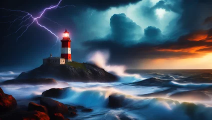 Zelfklevend Fotobehang lighthouse at sunset, huge waves hit the beacon, Background is lightning over the stormy sea, Wall Art for Home Decor, Wallpaper for Mobile Cell Phone, Smartphone, Cellphone, © YOAQ