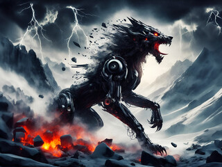 robotic wolf roars in snow mountains, sci-fi wall art design, background is fire, explosion, lava and smoke, wallpaper illustration - obrazy, fototapety, plakaty
