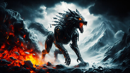 robotic wolf roars in snow mountains, sci-fi wall art design, background is fire, explosion, lava and smoke, wallpaper illustration - obrazy, fototapety, plakaty